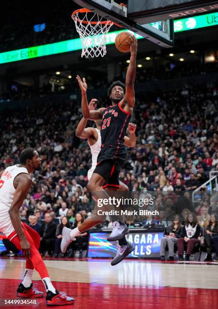 Thaddeus Young of the Toronto Raptors goes to the basket against the Brooklyn Nets during the second half of their basketball game at the Scotiabank...