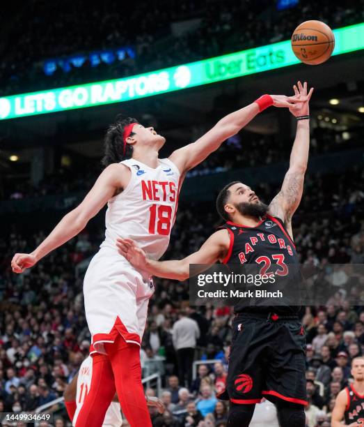 Fred VanVleet of the Toronto Raptors goes to the basket against Yuta Watanabe of the Brooklyn Nets during the second half of their basketball game at...