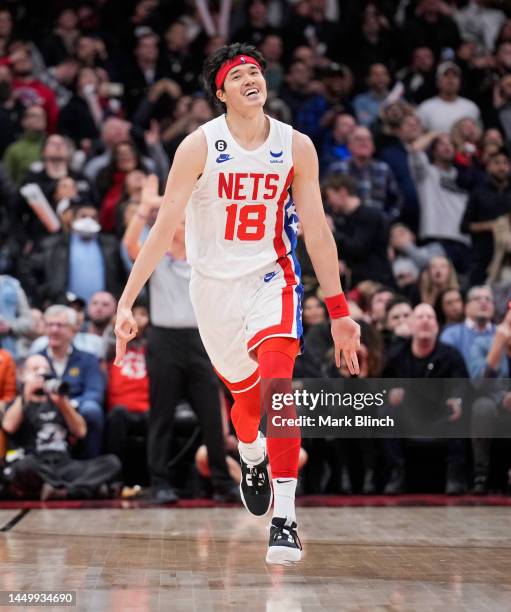 Yuta Watanabe of the Brooklyn Nets celebrates hitting a three point shot against the Toronto Raptors during the second half of their basketball game...