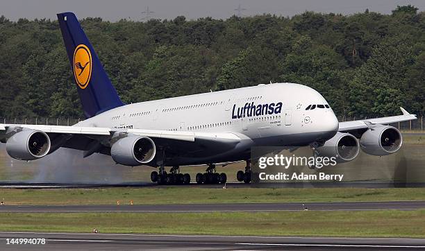 Lufthansa Airbus A380 airplane lands prior to its christening with the name 'Berlin' at Tegel airport on May 22, 2012 in Berlin, Germany. The...