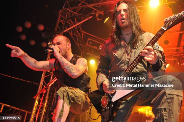 Ivan Moody and Jason Hook of American heavy metal band Five Finger Death Punch, live on stage at Hammerfest, March 12 Prestatyn, North Wales.