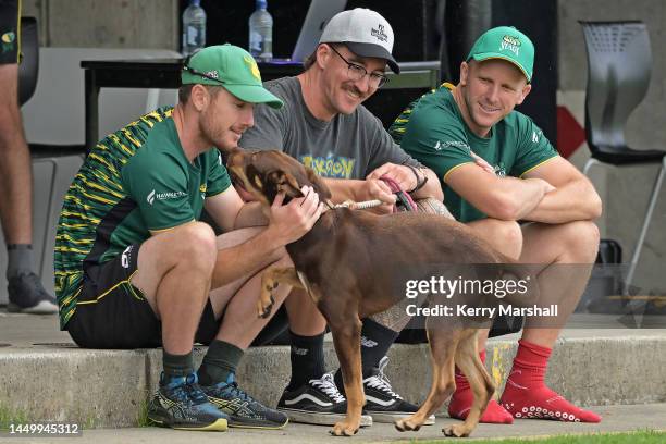 Ben Smith, Blair Tickner, and Seth Rance of the Central Stags during the Ford Trophy match between the Central Stags and Wellington Firebirds at...