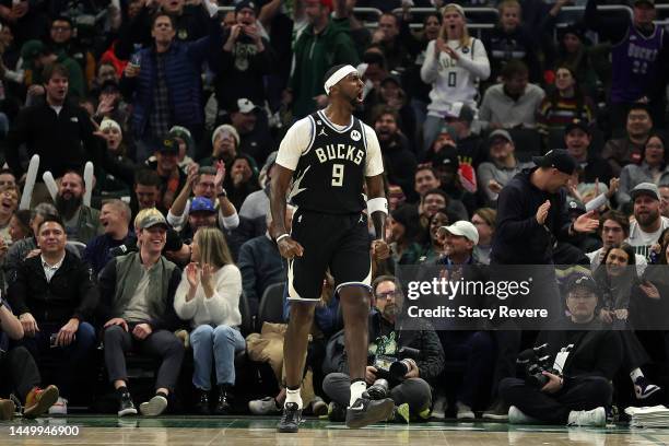 Bobby Portis of the Milwaukee Bucks reacts to a score during the first half of a game against the Utah Jazz at Fiserv Forum on December 17, 2022 in...