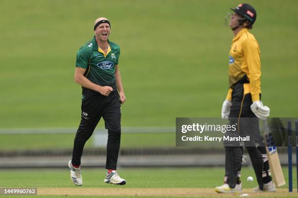 Seth Rance of the Central Stags reacts during the Ford Trophy match between the Central Stags and Wellington Firebirds at McLean Park, on December 18...