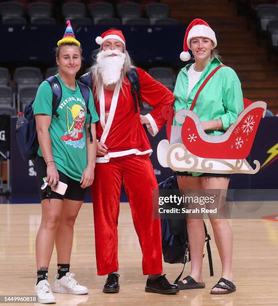 Lightning players Lauren Mansfield of the Adelaide Lightning and Brooke Basham of the Adelaide Lightning and Marena Whittle of the Adelaide Lightning...