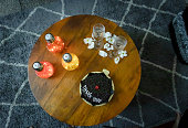thank you chocolate truffle cake decorated with cherry and artificial light at coffee table