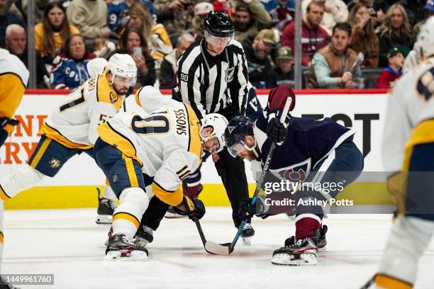 Colton Sissons of the Nashville Predators and J.T. Compher of the Colorado Avalanche face off in the second period of play at Ball Arena on December...