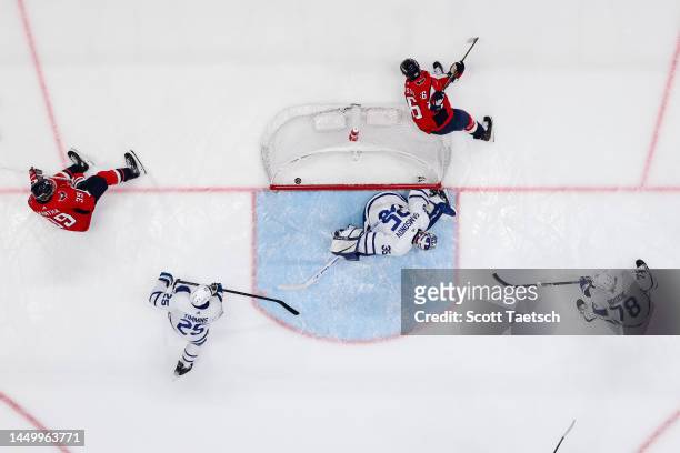 Erik Gustafsson of the Washington Capitals scores a goal against Ilya Samsonov of the Toronto Maple Leafs during the first period of the game at...