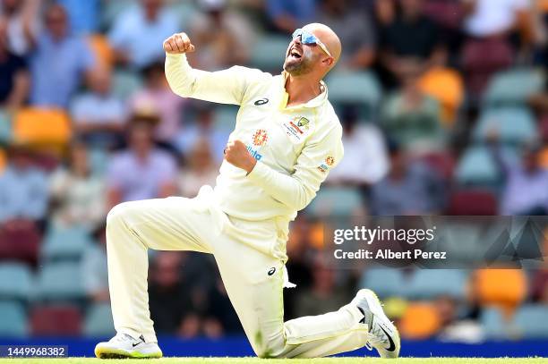 Nathan Lyon of Australia celebrates dismissing Temba Bavuma of South Africa during day two of the First Test match between Australia and South Africa...