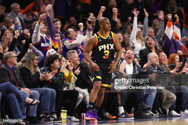 Chris Paul of the Phoenix Suns reacts after hitting a three-point shot against the New Orleans Pelicans during the second half of the NBA game at...