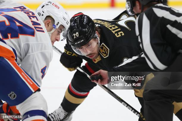 Chandler Stephenson of the Vegas Golden Knights prepares to face off against Jean-Gabriel Pageau of the New York Islanders during the third period at...