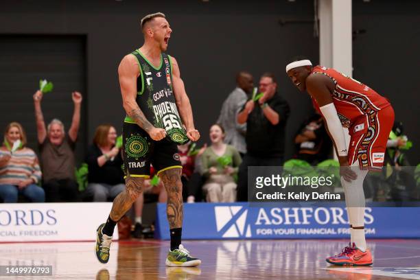 Mitchell Creek of the Phoenix celebrates the win in double overtime during the round 11 NBL match between South East Melbourne Phoenix and Sydney...