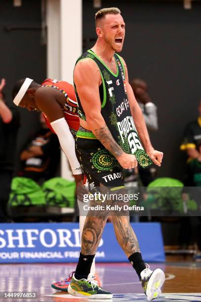 Mitchell Creek of the Phoenix celebrates the win in double overtime during the round 11 NBL match between South East Melbourne Phoenix and Sydney...