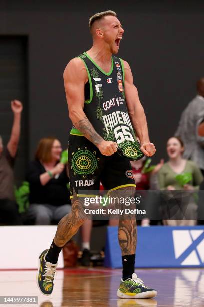 Mitchell Creek of the Phoenix celebrates the win in double overtime during the round 11 NBL match between South East Melbourne Phoenix and Sydney...