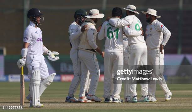 Nauman Ali of Pakistan is congratulated on bowling Ben Duckett of England LBW during Day Two of the Third Test between Pakistan and England at...