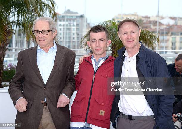 Director Ken Loach, actors Paul Brannigan and Paul Laverty pose at "The Angels' Share Photocall" Photocall during the 65th Annual Cannes Film...