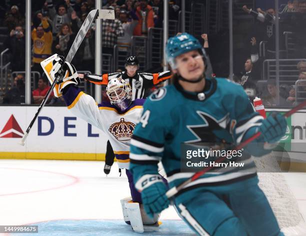 Pheonix Copley of the Los Angeles Kings celebrates his save of Alexander Barabanov of the San Jose Sharks, preserving a 3-2 overtime shootout win at...