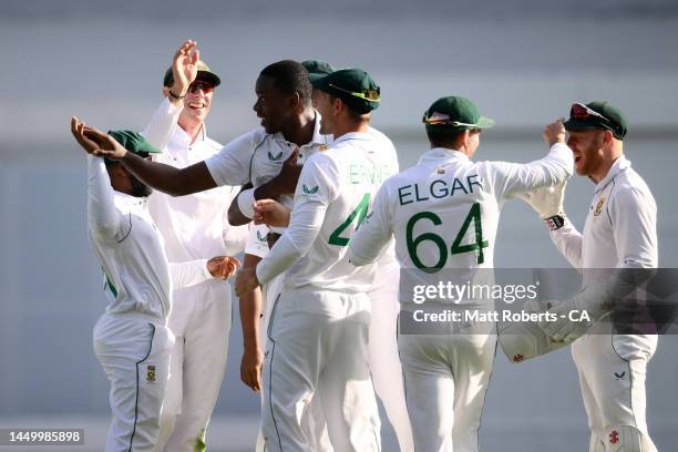 Kagiso Rabada of South Africa celebrates the wicket of Travis Head of Australia during day two of the First Test match between Australia and South...