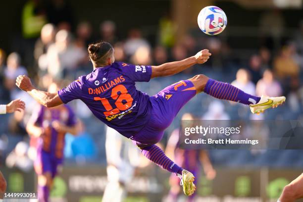 David Williams of Glory attempts a bicycle kick at goal during the round eight A-League Men's match between Macarthur FC and Perth Glory at...