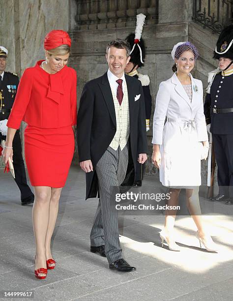 Princess Maxima of the Netherlands, Prince Frederik of Denmark and Princess Madeleine of Sweden attend the christening of new Swedish heir to the...