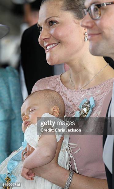 Crown Princess Victoria of Sweden and Prince Daniel of Sweden attend the christening of their daughter and new Swedish heir to the throne Princess...