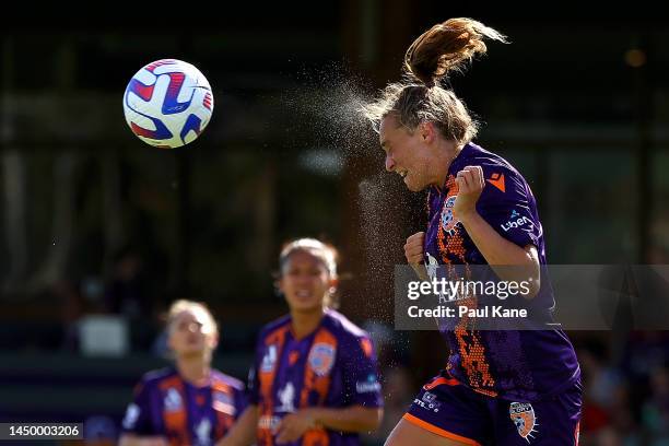 Elizabeth Anton of the Glory heads the ball during the round five A-League Women's match between Perth Glory and Canberra United at Macedonia Park,...
