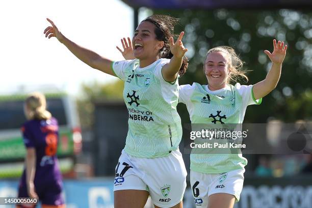 Vesna Milivojeciv of Canberra United celebrates a goal during the round five A-League Women's match between Perth Glory and Canberra United at...
