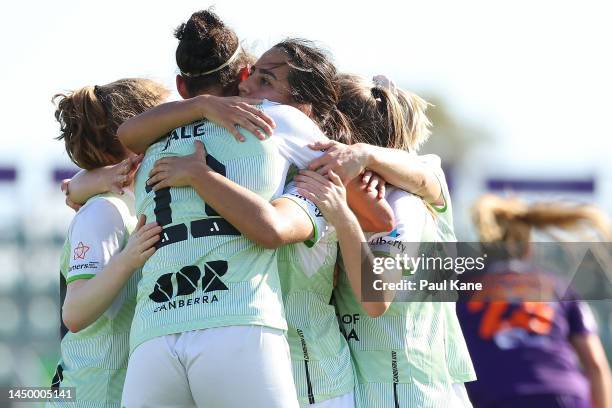 Vesna Milivojeciv and Grace Jale of Canberra United celebrate a goal during the round five A-League Women's match between Perth Glory and Canberra...