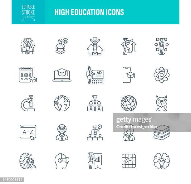 symbole für hohe bildung bearbeitbarer strich - studiengebühren stock-grafiken, -clipart, -cartoons und -symbole