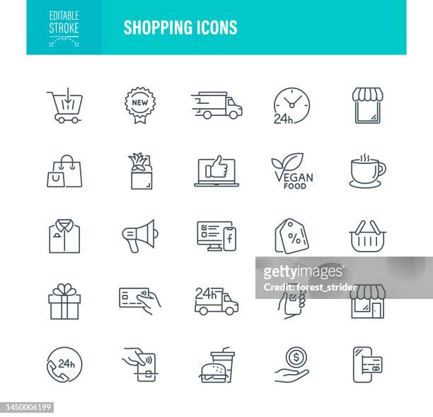 einkaufssymbole bearbeitbare kontur - store opening stock-grafiken, -clipart, -cartoons und -symbole