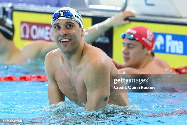 Chad le Clos of South Africa celebrates winning gold in the Men's 100m Butterfly Final on day six of the 2022 FINA World Short Course Swimming...