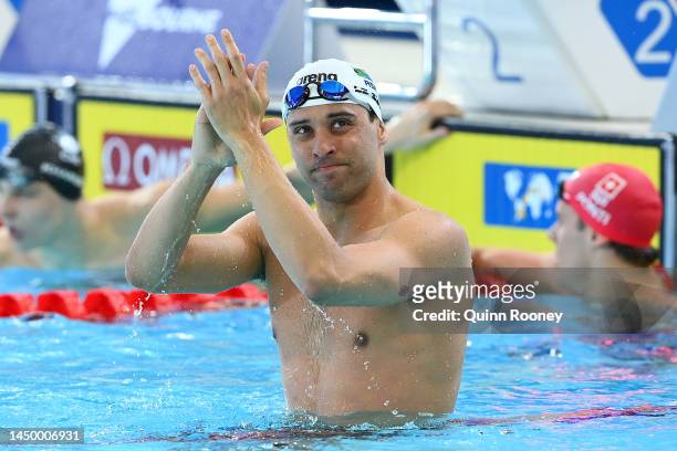 Chad le Clos of South Africa celebrates winning gold in the Men's 100m Butterfly Final on day six of the 2022 FINA World Short Course Swimming...