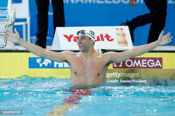 Chad le Clos of South Africa celebrates winning gold in the Men's 100m Butterfly Final on day six of the 2022 FINA World Short Course Swimming...