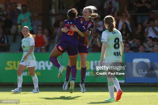 Cyera Hintzen and Hana Lowry of the Glory celebrate a goal during the round five A-League Women's match between Perth Glory and Canberra United at...