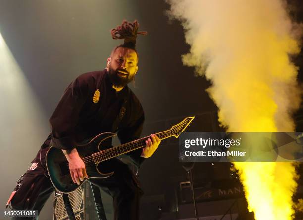 Guitarist Zoltan Bathory of Five Finger Death Punch performs at Michelob ULTRA Arena on December 17, 2022 in Las Vegas, Nevada.