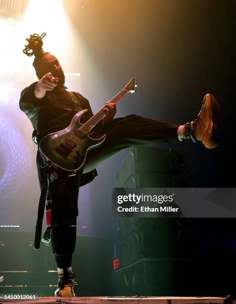 Guitarist Zoltan Bathory of Five Finger Death Punch performs at Michelob ULTRA Arena on December 17, 2022 in Las Vegas, Nevada.