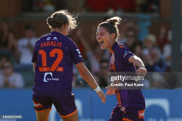Rylee Baisden of the Glory celebrates a goal during the round five A-League Women's match between Perth Glory and Canberra United at Macedonia Park,...
