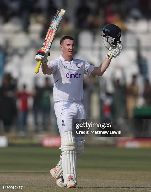 Harry Brook of England celebrates his century during Day Two of the Third Test between Pakistan and England at Karachi National Stadium on December...