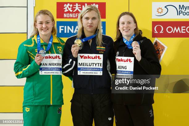 Silver medallist Lara van Niekerk of South Africa, Gold medallist Ruta Meilutyte of Lithuania and Bronze medallist Lilly King of the United States...