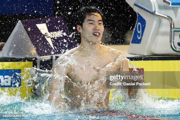 Hwang Sun-woo of South Korea celebrates winning gold in the Men's 200m Freestyle Final on day six of the 2022 FINA World Short Course Swimming...