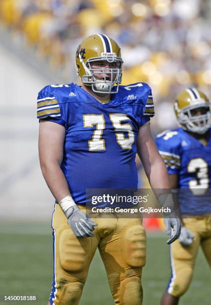 Offensive lineman Mike McGlynn of the University of Pittsburgh Panthers looks on from the field during a college football game against the Youngstown...