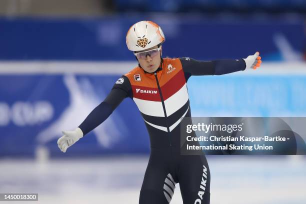 Yara van Kerkhof of Netherlands celebrates after winning Women’s 500m Final A race during the ISU World Cup Short Track at Halyk Arena on December...