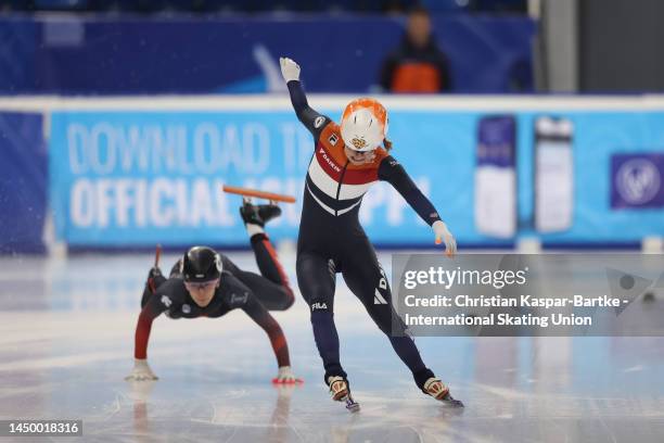 Yara van Kerkhof of Netherlands celebrates after winning Women’s 500m Final A race during the ISU World Cup Short Track at Halyk Arena on December...