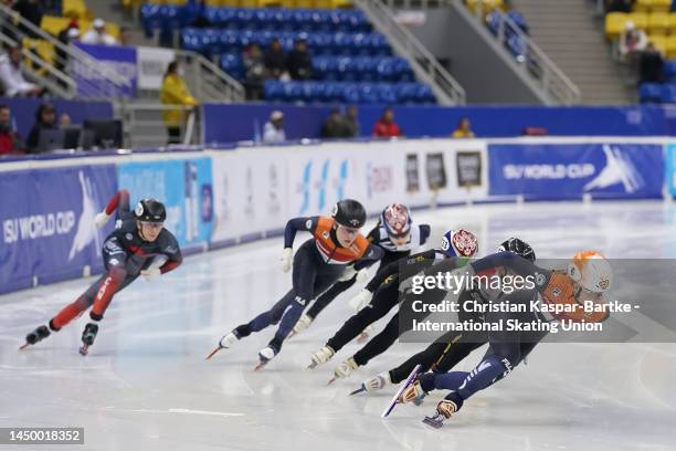 Yara van Kerkhof of Netherlands, Michelle Velzeboer of Netherlands and Petra Jaszapati of Hungary compete in Women’s 500m Final A race during the ISU...