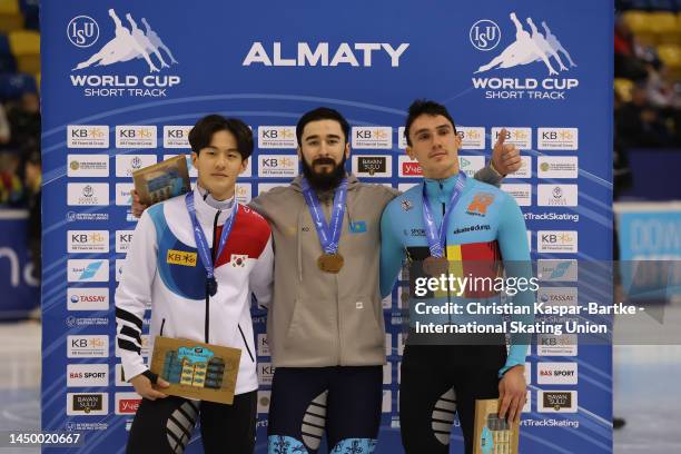 Jang Sungwoo of Korea , Denis Nikisha of Kazakhstan and Stijn Desmet of Belgium pose after medal ceremony of Men’s 500m Final A race performs during...