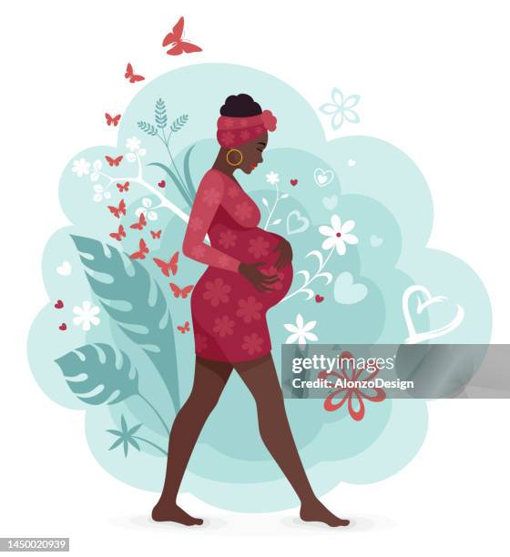 ilustrações, clipart, desenhos animados e ícones de mulher africana grávida feliz segurando sua barriga. - skinny black woman