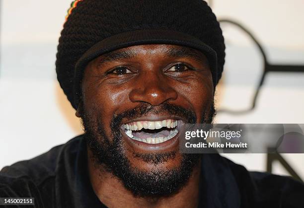 Audley Harrison of Great Britain talks to the media during a press conference to promote his May 26 fight with Ali Adams of Great Britain on May 22,...