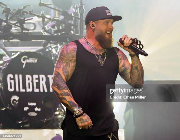 Singer/songwriter Brantley Gilbert performs at Michelob ULTRA Arena on December 17, 2022 in Las Vegas, Nevada.