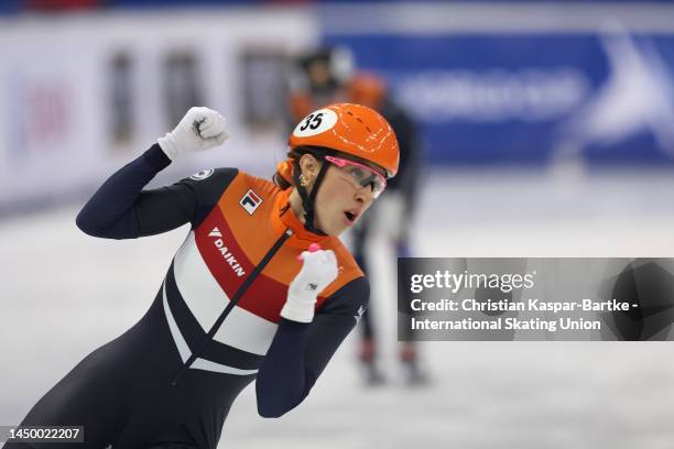 Suzanne Schulting of Netherlands celebrates after winning Women’s 1000m Final A race during the ISU World Cup Short Track at Halyk Arena on December...