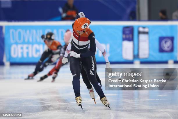 Suzanne Schulting of Netherlands celebrates after winning Women’s 1000m Final A race during the ISU World Cup Short Track at Halyk Arena on December...